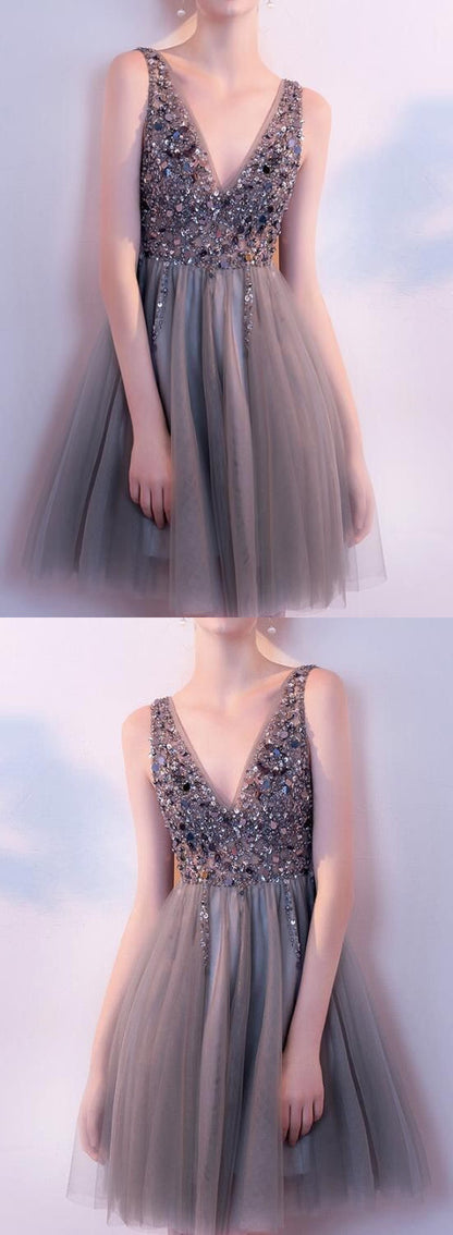V neck Short Tulle homecoming Dress Beaded women Party Dress cg882