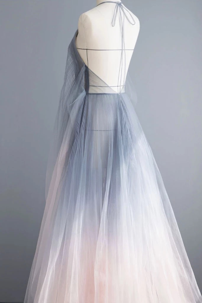 Gray Tulle Open Back Long A Line Prom Dress, Evening Dress  cg6046
