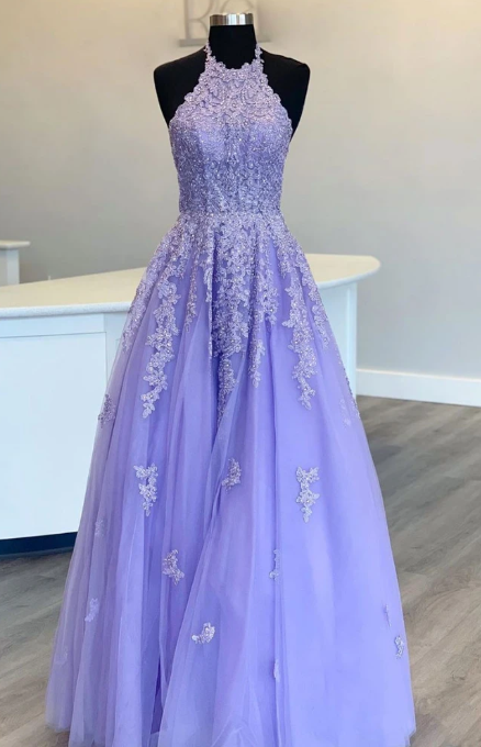 PURPLE TULLE HIGH NECK LACE LONG PROM DRESS PURPLE EVENING DRESS  cg9108