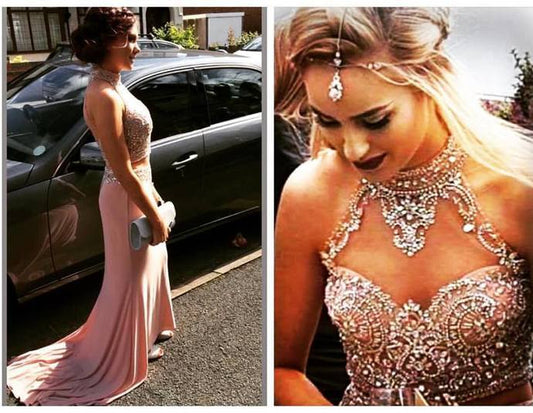 Mermaid Long Chiffon Prom Dresses Halter Neck Crystals Women Party Dresses  cg9205
