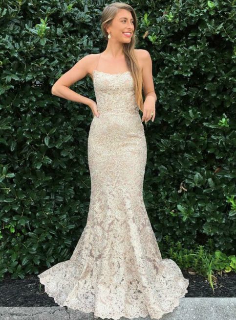 Champagne Mermaid Spaghetti Straps Long Prom Dresses  cg9237