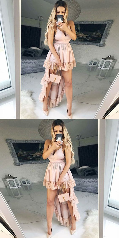 A-Line Spaghetti Straps High Low Blush Homecoming Dress with Lace cg932