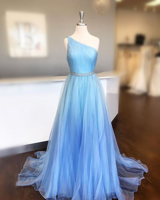 Blue Prom Dress,Tulle Prom Gown,A-Line Evening Dress,One-Shoulder Prom Gown  cg9407