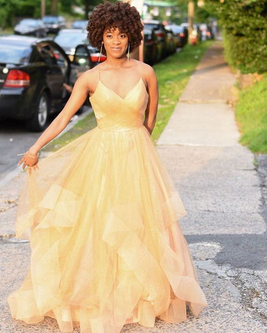 Golden Prom dress,Tulle Prom Dress,A-Line Evening dress,Spaghetti Straps Prom Gown  cg9413