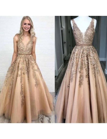 Gold Prom Dress,Tulle Prom Dress,A-Line Prom Dresses,Appliques Prom Dress  cg9417