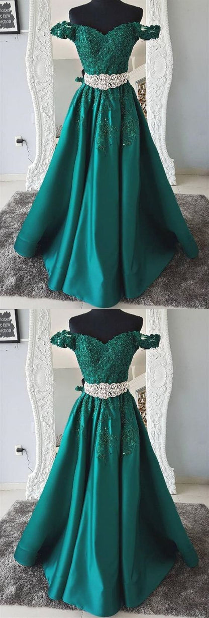 Green Off Shoulder A Line Evening Dresses Long Prom Dresses With Lace Appliques cg942