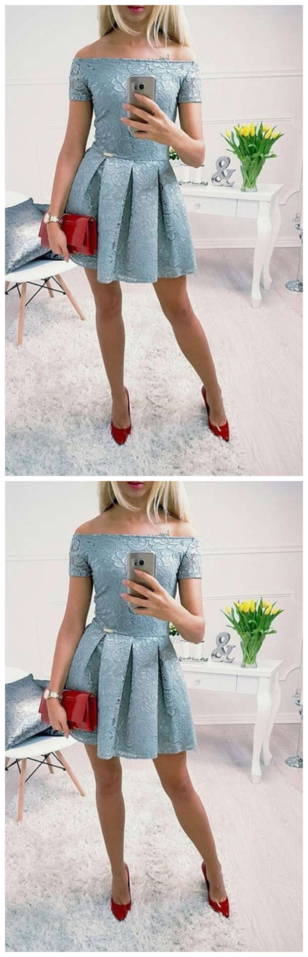 Dusty Blue Off Shoulder Lace Homecoming Dresses cg952