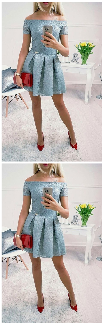 Dusty Blue Off Shoulder Lace Homecoming Dresses cg952