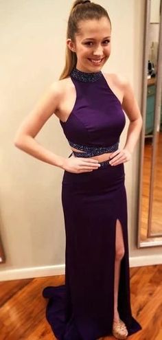 2 Pieces Beaded Purple Side Slit Prom Dresses, Sheath Long Prom Dresses    cg9536
