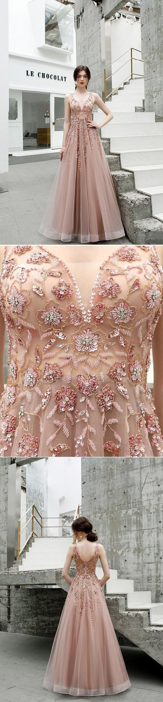 A Line V Neck Pink Beads Straps Prom Dresses Lace up, Long Dance    cg9538