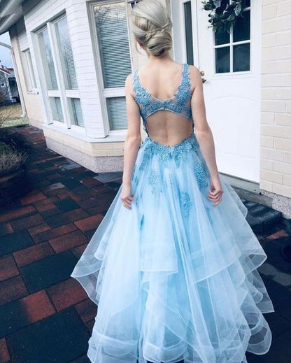 Fashion V neck Blue Open Back Prom Dress, Appliques Tulle Evening Dress  cg9723