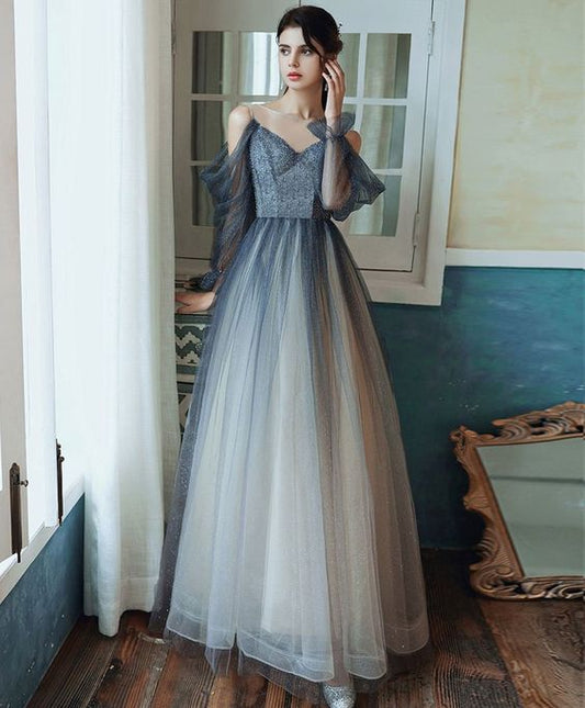 2021 Blue tulle sequin long prom dress blue tulle formal dress  cg9737