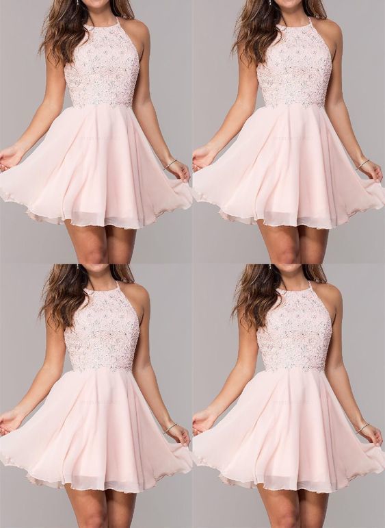 Light Pink Homecoming Dresses,Chiffon Short Homecoming Dresses,Beaded Halter Homecoming Dresses   cg9780