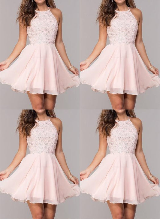 Light Pink Homecoming Dresses,Chiffon Short Homecoming Dresses,Beaded Halter Homecoming Dresses   cg9780