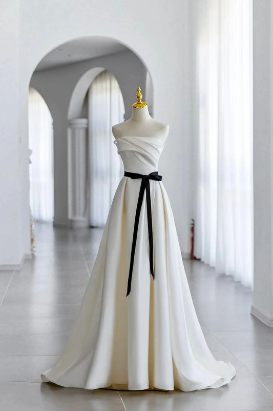 White A Line Strapless Sequins Satin Prom Dress Formal Evening Dress SH1635