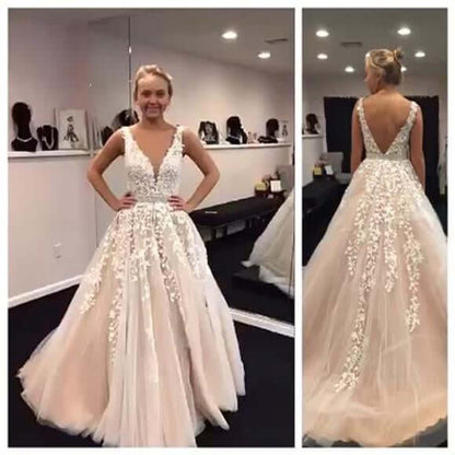 A Line Applique Tulle Prom Dress, Long V Neck Sleeveless Party Dress with Beading