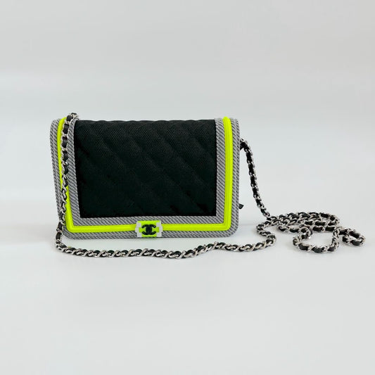 Chanel Black and Green quilted textile Fluo Boy Wallet On Chain