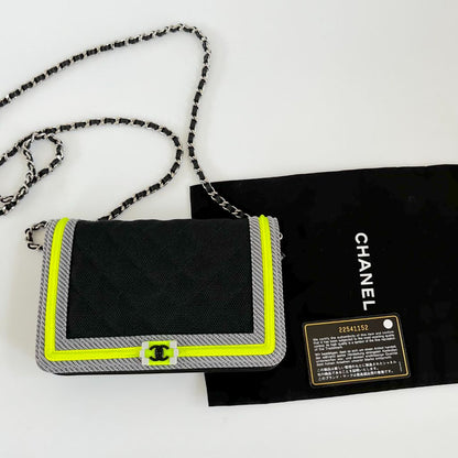 Chanel Black and Green quilted textile Fluo Boy Wallet On Chain