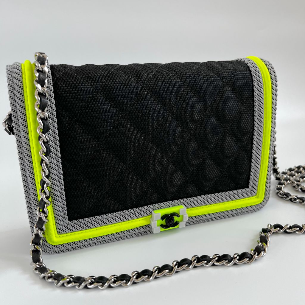 Chanel Black and Green quilted textile Fluo Boy Wallet On Chain