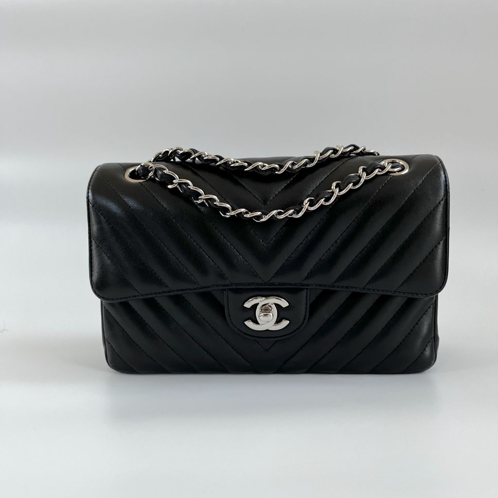Chanel black chevron quilted leather double flap bag