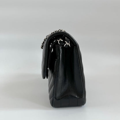 Chanel black chevron quilted leather double flap bag