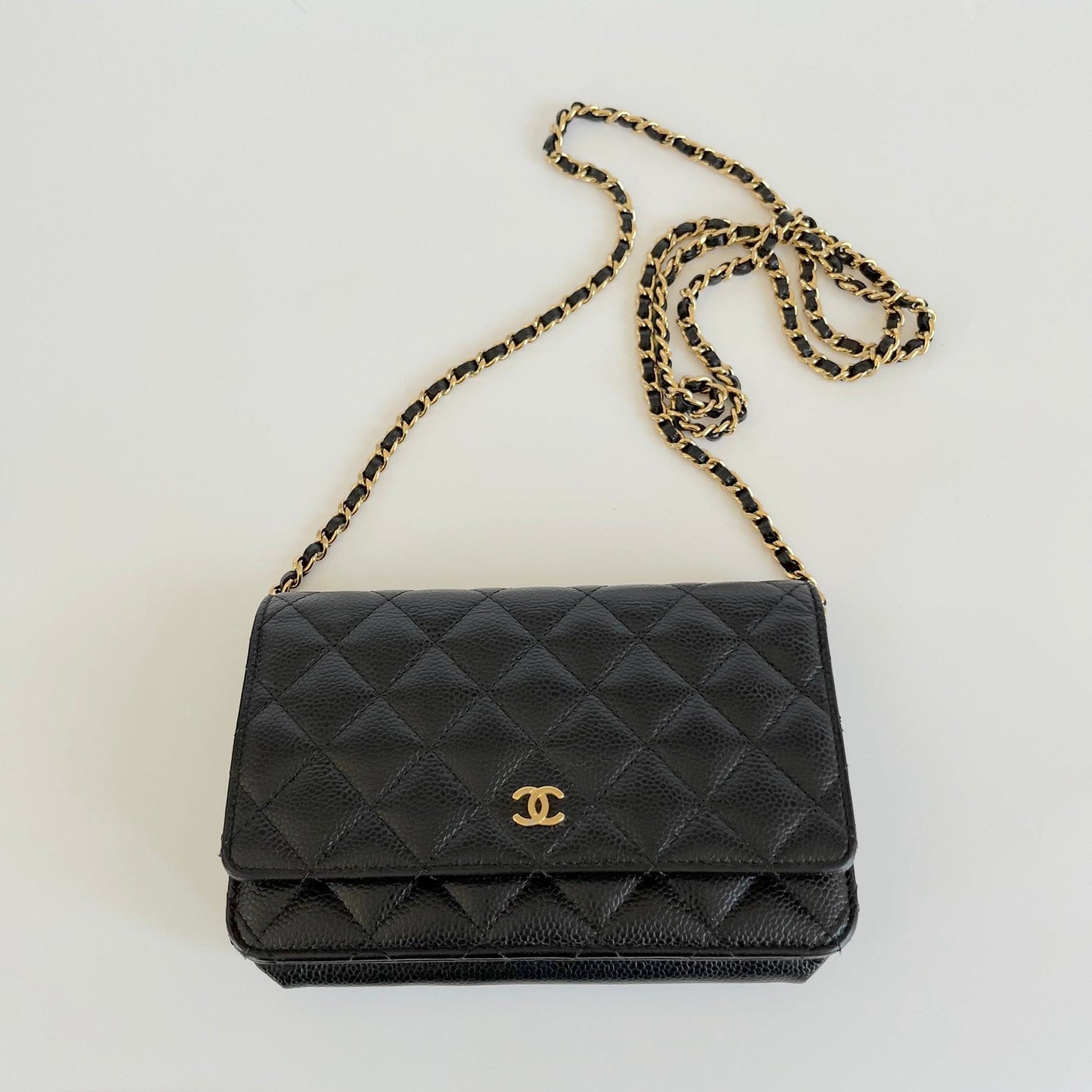Chanel black quilted caviar leather wallet on chain