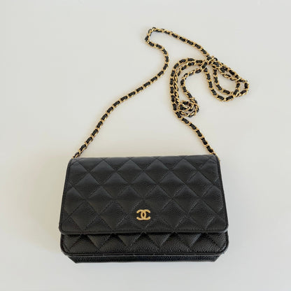 Chanel black quilted caviar leather wallet on chain