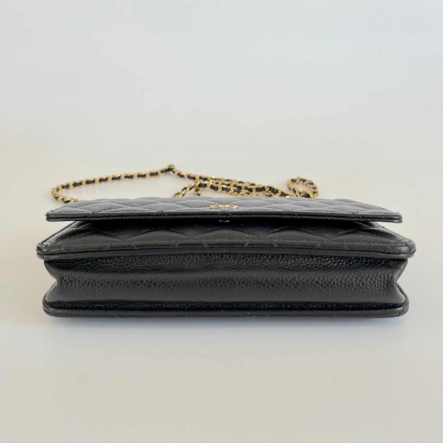 Chanel black quilted caviar leather wallet on chain