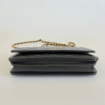 Chanel black quilted caviar leather wallet on chain