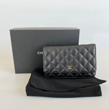 Chanel black quilted caviar leather wallet on chain