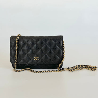 Chanel black quilted caviar leather wallet on chain