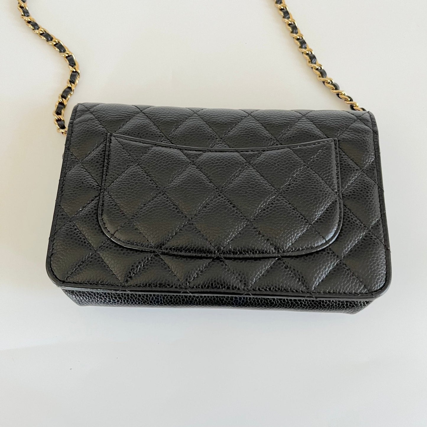 Chanel black quilted caviar leather wallet on chain
