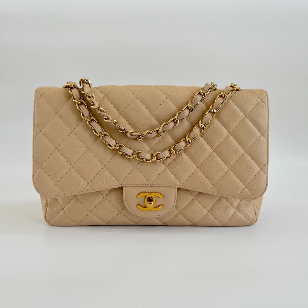 Chanel Jumbo Classic Single Flap Quilted Caviar Light Beige Bag