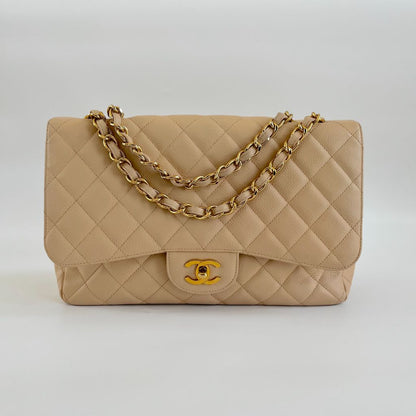 Chanel Jumbo Classic Single Flap Quilted Caviar Light Beige Bag