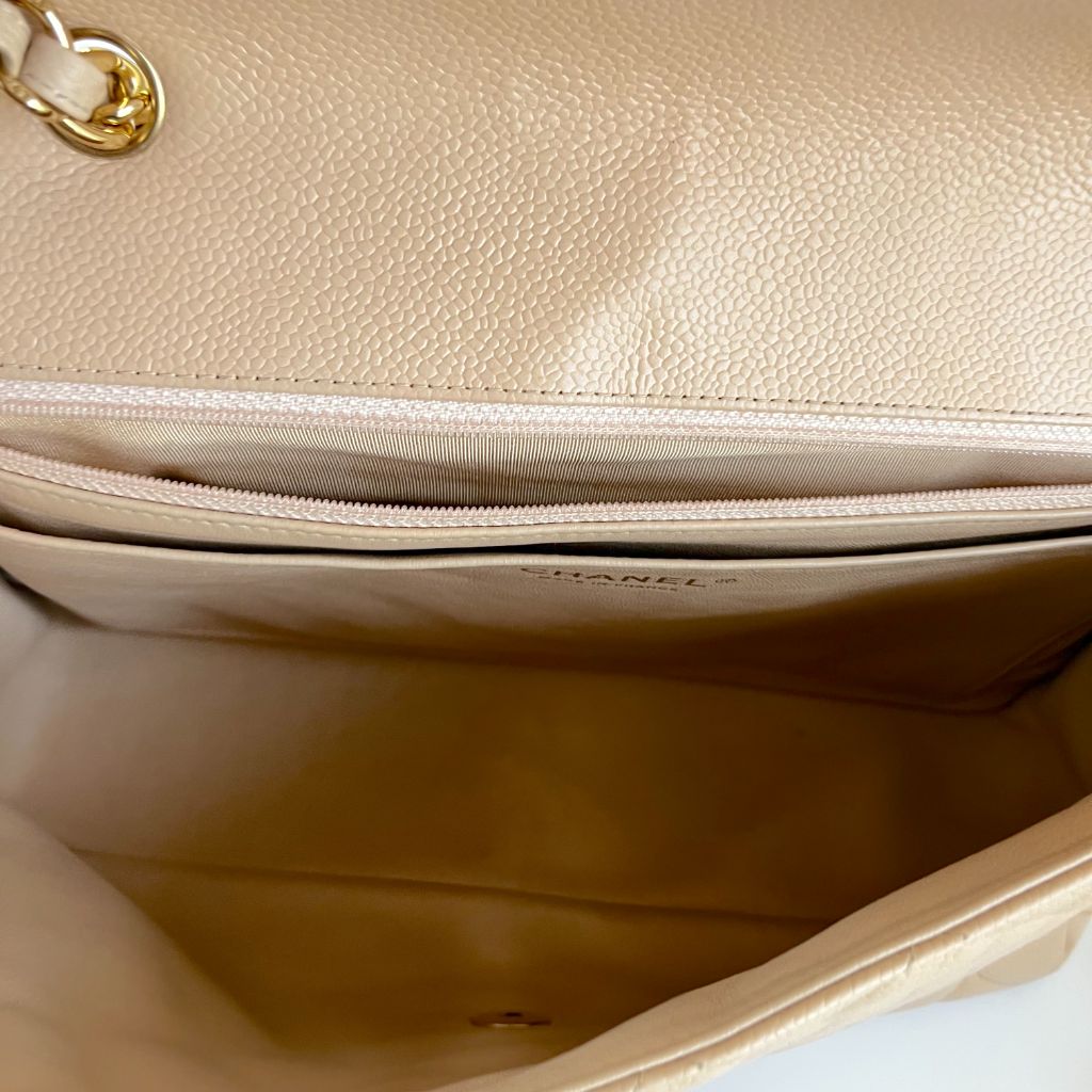 Chanel Jumbo Classic Single Flap Quilted Caviar Light Beige Bag