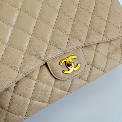 Chanel Jumbo Classic Single Flap Quilted Caviar Light Beige Bag