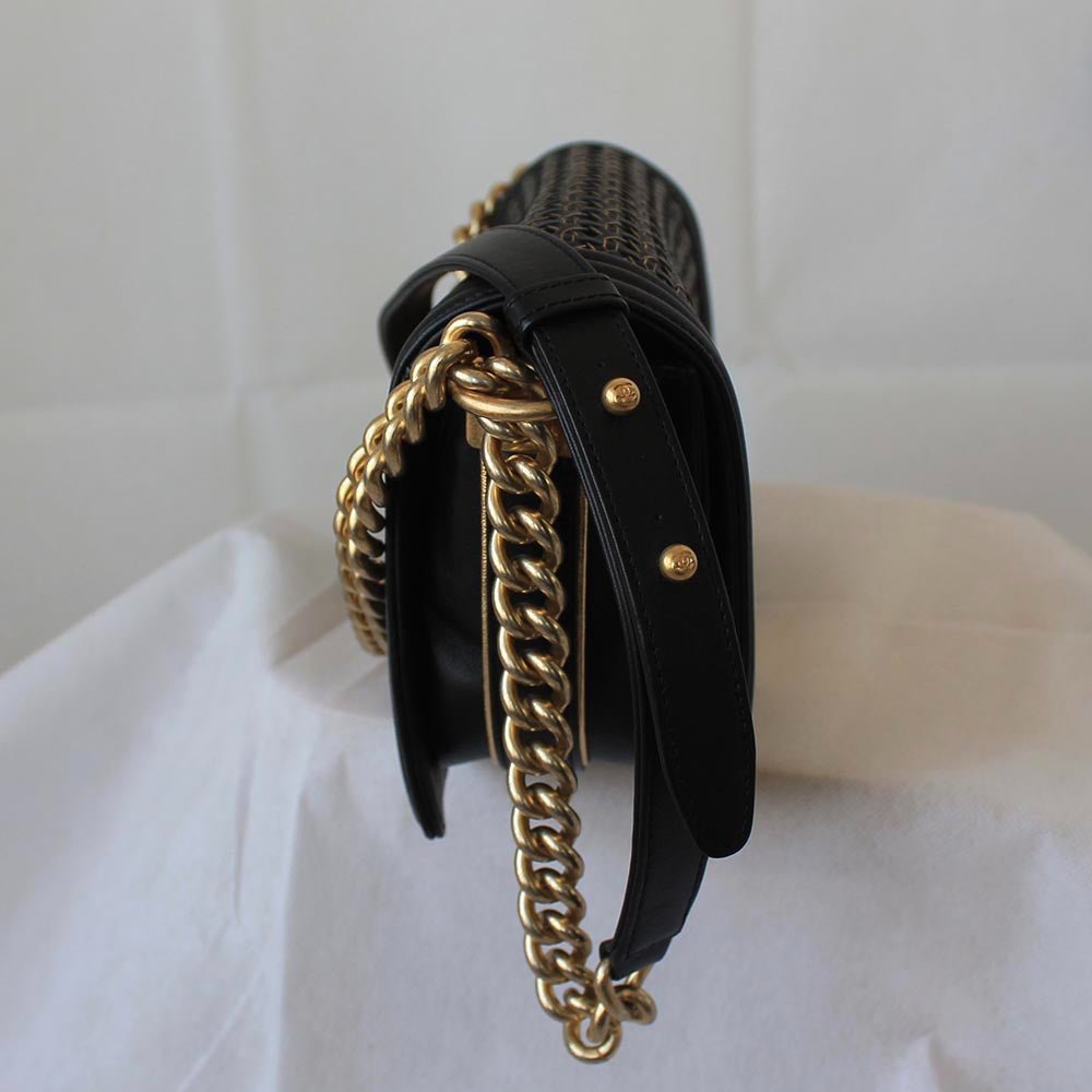 Chanel Navy Blue/Gold Woven Leather Small Reverso Boy Flap Bag