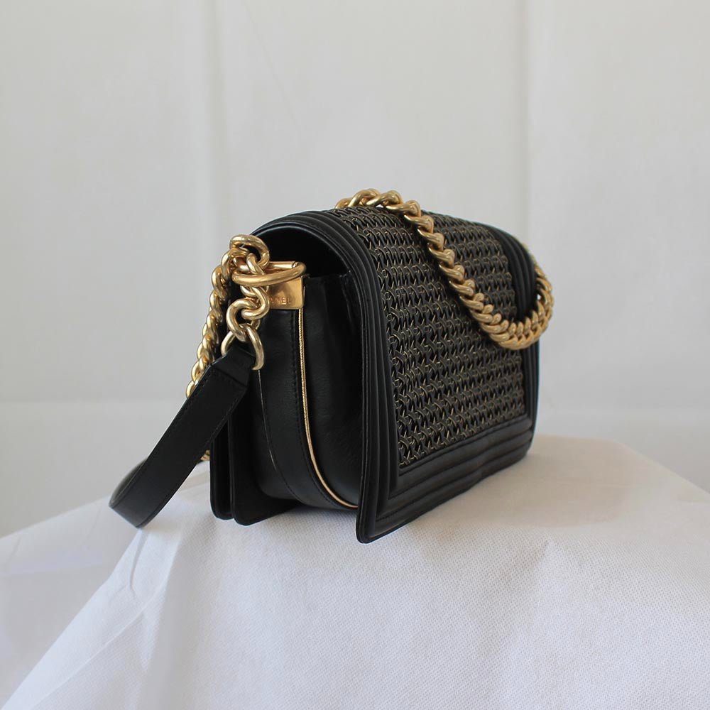 Chanel Navy Blue/Gold Woven Leather Small Reverso Boy Flap Bag
