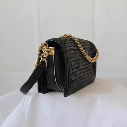 Chanel Navy Blue/Gold Woven Leather Small Reverso Boy Flap Bag