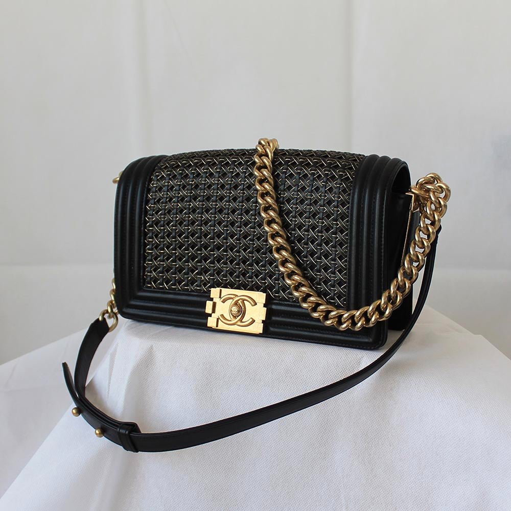 Chanel Navy Blue/Gold Woven Leather Small Reverso Boy Flap Bag