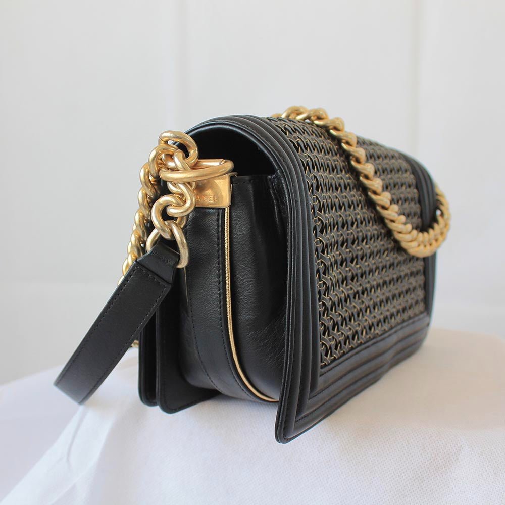 Chanel Navy Blue/Gold Woven Leather Small Reverso Boy Flap Bag