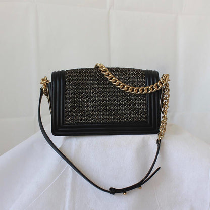 Chanel Navy Blue/Gold Woven Leather Small Reverso Boy Flap Bag