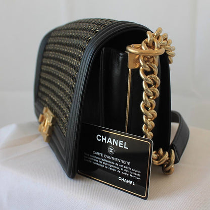 Chanel Navy Blue/Gold Woven Leather Small Reverso Boy Flap Bag