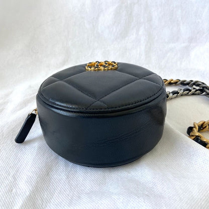 Chanel Shiny Goatskin Quilted Chanel 19 Round Clutch With Chain Black