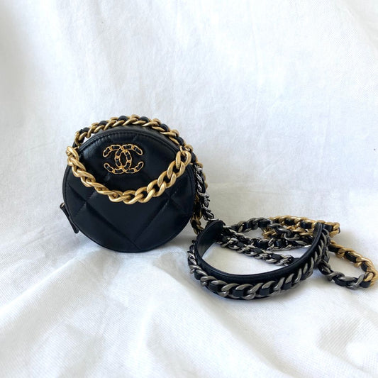 Chanel Shiny Goatskin Quilted Chanel 19 Round Clutch With Chain Black
