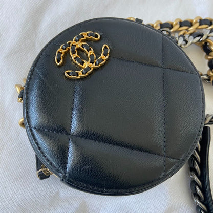 Chanel Shiny Goatskin Quilted Chanel 19 Round Clutch With Chain Black