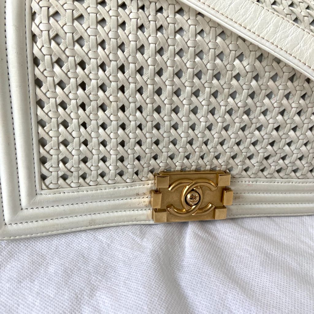 Chanel  White/Gold Woven Leather Small Reverso Boy Flap Bag