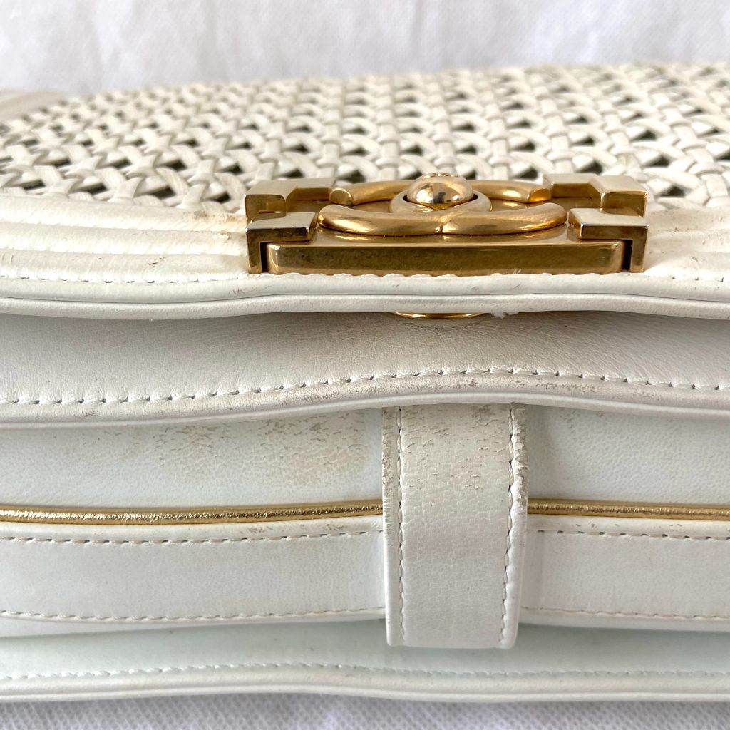 Chanel  White/Gold Woven Leather Small Reverso Boy Flap Bag