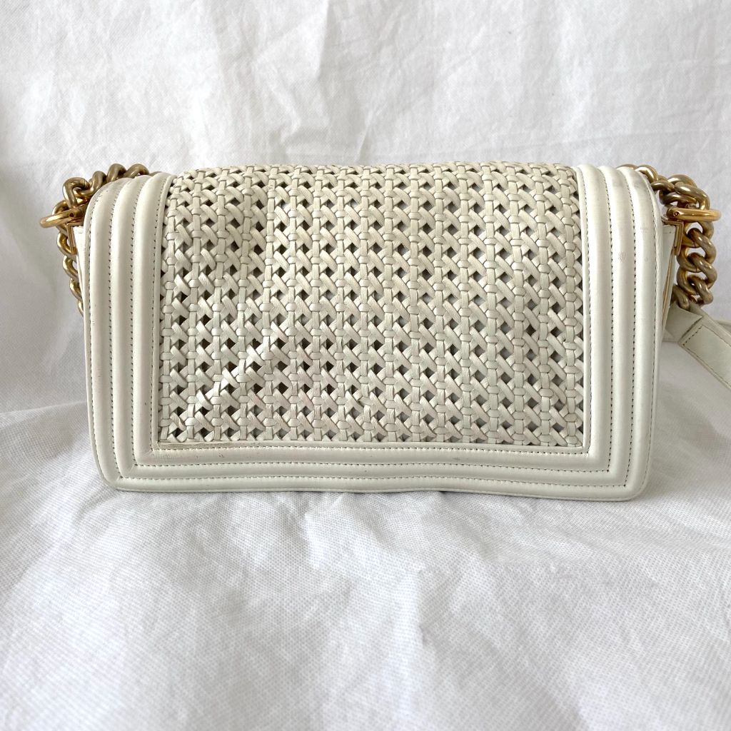 Chanel  White/Gold Woven Leather Small Reverso Boy Flap Bag