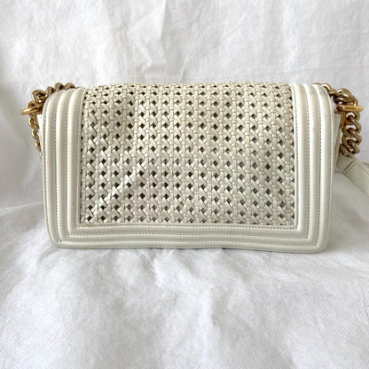 Chanel  White/Gold Woven Leather Small Reverso Boy Flap Bag